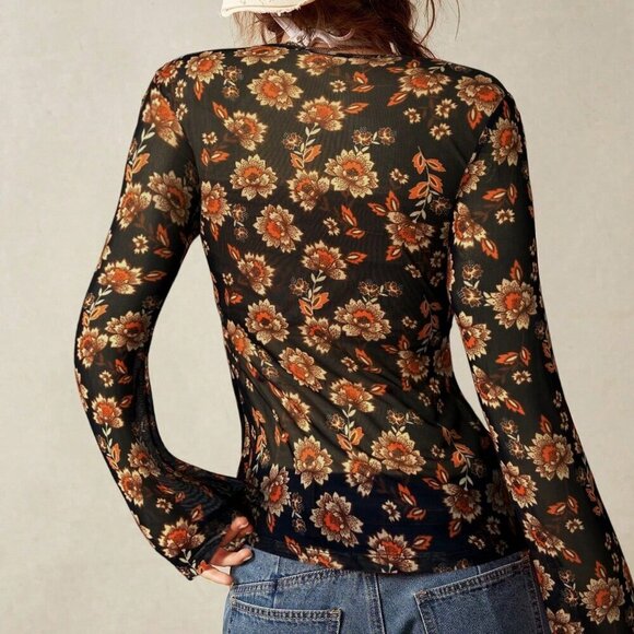 Multicolor Casual Women's Boho Lace mesh V-Neck Flared Sleeve Blouse - Picture 2 of 7